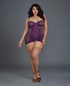 Lace Garter Slip Removable Straps, Garters &amp; G-String Plum 3X