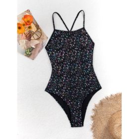 Women's Black Holographic Sparkle One-Piece Swimsuit, Crisscross Back Strappy Bathing Suit (Option: S)