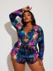 2026 New Plus Size 3-Piece Swimsuit Set: Neon Abstract Print Halter Bikini, Ruched Shorts, Long Sleeve Cover-Up, Vibrant Beach Style