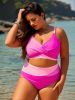 2026 New Plus Size Pink-Purple Color Block Two-Piece Swimsuit Women's Cross Twist High-Waisted Bikini Set for Beach Vacation, Sexy & Slimming