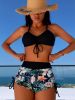 2026 New Black & Tropical Floral High-Waisted Bikini Women's Drawstring Side Tie Tummy Control Swimsuit for Beach Vacation, Casual Style