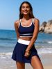 2026 New Navy Color Block Two-Piece Swimsuit Women's Sporty Tank Top + Slit Skirted Bottoms for Beach Vacation, Casual & Slimming