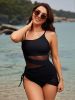 2026 New Black Mesh Panel One-Piece Swimsuit Women's One-Shoulder Strap Sheer Waist Side Drawstring Skirted Bathing Suit for Beach Vacation