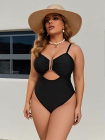 Plus Size Black Cutout One-Piece Swimsuit, V-Neck with Metal Ring Detail, Swimwear for Beach Vacation (Color: black, size: 1XL)