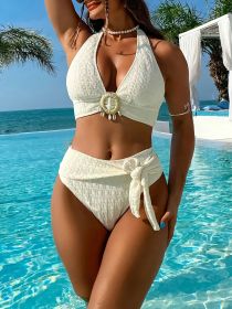 Ladies' white split beach bikini swimwear with shell embellishment, elegant and sexy (size: S)