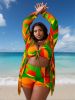 Plus Size Multi-Color Patchwork Printed V-Neck Camisole Boxer Shorts Slim Fit Covering Women's Beach Vacation Swimsuit Three-Piece Set