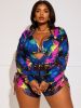 2026 New Plus Size 3-Piece Swimsuit Set: Neon Abstract Print Halter Bikini, Ruched Shorts, Long Sleeve Cover-Up, Vibrant Beach Style