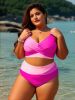 2026 New Plus Size Pink-Purple Color Block Two-Piece Swimsuit Women's Cross Twist High-Waisted Bikini Set for Beach Vacation, Sexy & Slimming