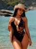 2026 New One-Piece Swimsuit: Black Halter Deep V-Neck, Brown Floral Print, Gold Shell Decor, High Cut Leg, Sexy Beach Style