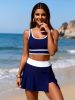 2026 New Navy Color Block Two-Piece Swimsuit Women's Sporty Tank Top + Slit Skirted Bottoms for Beach Vacation, Casual & Slimming