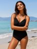 New Black Ruched V-Neck One-Piece Swimsuit, Slimming Style for Beach and Pool Wear