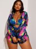 2026 New Plus Size 3-Piece Swimsuit Set: Neon Abstract Print Halter Bikini, Ruched Shorts, Long Sleeve Cover-Up, Vibrant Beach Style