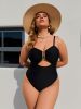 Plus Size Black Cutout One-Piece Swimsuit, V-Neck with Metal Ring Detail, Swimwear for Beach Vacation