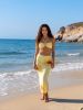 2026 New 2-Piece Bikini Set: Light Yellow Floral Halter Top, Maxi Skirt Cover-Up with Hibiscus Print, Tropical Beach Style