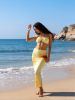 2026 New 2-Piece Bikini Set: Light Yellow Floral Halter Top, Maxi Skirt Cover-Up with Hibiscus Print, Tropical Beach Style