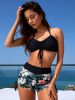 2026 New Black & Tropical Floral High-Waisted Bikini Women's Drawstring Side Tie Tummy Control Swimsuit for Beach Vacation, Casual Style