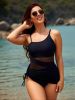 2026 New Black Mesh Panel One-Piece Swimsuit Women's One-Shoulder Strap Sheer Waist Side Drawstring Skirted Bathing Suit for Beach Vacation