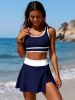 2026 New Navy Color Block Two-Piece Swimsuit Women's Sporty Tank Top + Slit Skirted Bottoms for Beach Vacation, Casual & Slimming