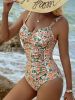 Women's Vintage Floral Print One-Piece Swimsuit, Sweetheart Neck with Ruched Tummy Control, Swimwear for Beach Vacation
