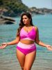 2026 New Plus Size Pink-Purple Color Block Two-Piece Swimsuit Women's Cross Twist High-Waisted Bikini Set for Beach Vacation, Sexy & Slimming