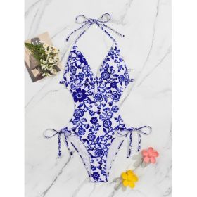 Women's Blue Floral Halter One-Piece Swimsuit, Cutout Waist & Tie-Side Cheeky Bathing Suit (Option: S)