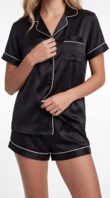 2951 Satin PJ Set W/ Piping (Color: black, size: M)