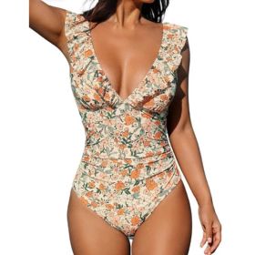 Belly One-piece V-neck Flounce Lace-up Multi-color Women's Swimsuit (Option: Apricot Floral-S)