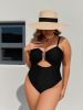 Plus Size Black Cutout One-Piece Swimsuit, V-Neck with Metal Ring Detail, Swimwear for Beach Vacation